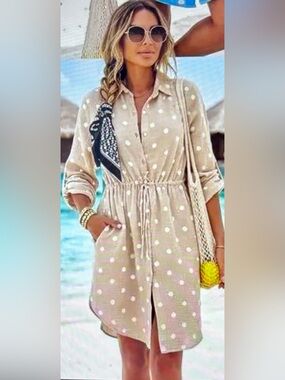 Polka Dot Drawstring Shirt Dress - Beige/White-S/M